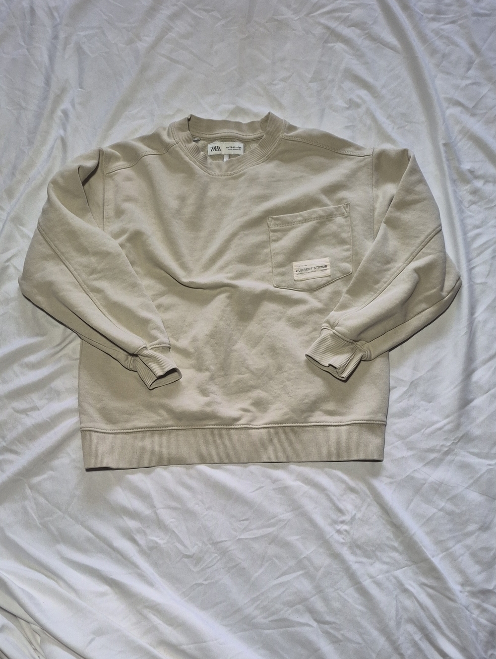 Zara Youth Cream Crewneck Sweatshirt with Chest Pocket Size 13-14youth
